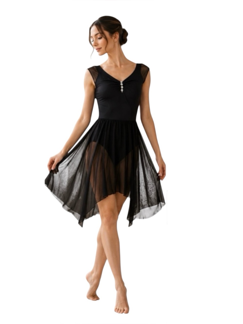 ODASDO NWT Black Lyrical Contemporary Dance Dress Leotard Mesh Maxi Skirt Size L